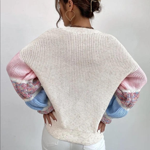 Sweater rainbow pink gathered sleeve puff lantern sleeve ruched blue cream - Picture 8 of 9
